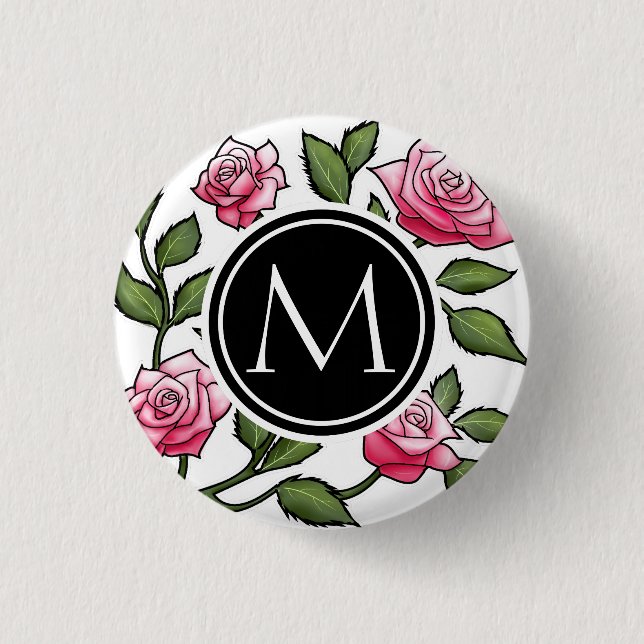 Elegant Floral and Monogram 1 Inch Round Button (Front)
