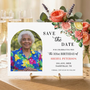 Elegant Floral and Photo 101st Birthday Party  Save The Date