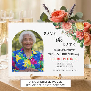 Elegant Floral and Photo 102nd Birthday Party Save The Date