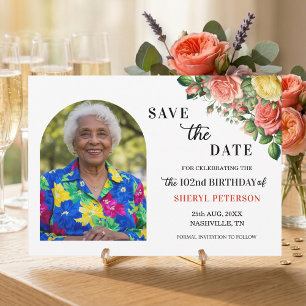 Elegant Floral and Photo 102nd Birthday Party  Save The Date