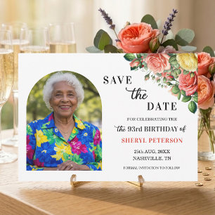 Elegant Floral and Photo 93rd Birthday Party  Save The Date