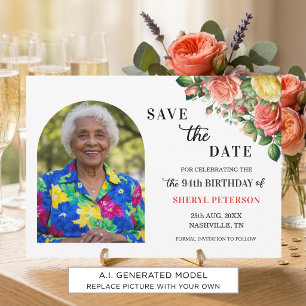 Elegant Floral and Photo 94th Birthday Party Save The Date