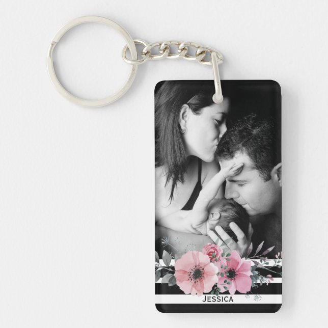 Elegant Floral and Stripes Custom Photo Keychain (Front)