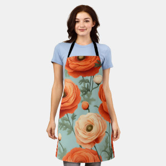 Elegant Floral Apron (Peach, Orange, Blue)