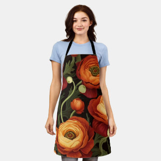 Elegant Floral Apron (Rust, Orange, Peach, Black)