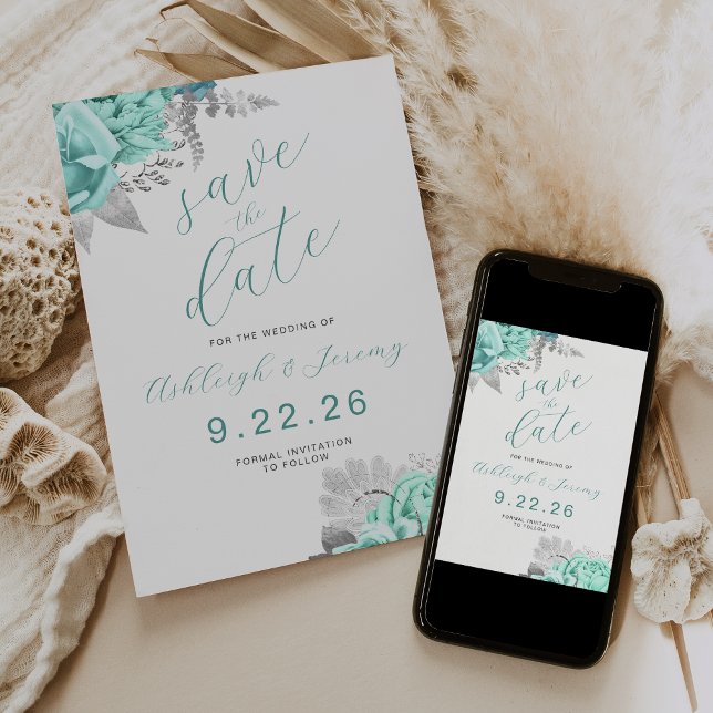 Elegant Floral Aqua Silver Save the Date Invitation (Creator Uploaded)