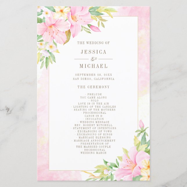 Elégant Floral Aquarelle Programme de mariage rose (Devant)
