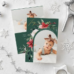 Elegant Floral Arch and Photo Holiday Card<br><div class="desc">These beautiful holiday photo cards feature your favorite personal photo on the front, surrounded by a modern arch shape full of classic watercolor Christmas poinsettias, flowers, and greenery and gold script calligraphy that says "joy" on a festive green background. Traditional and elegant red green and white floral illustrations decorate both...</div>