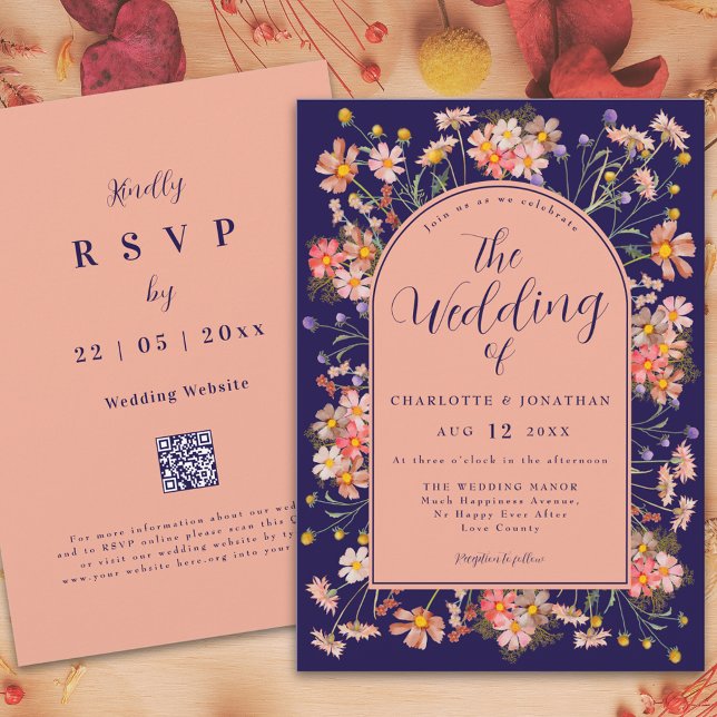 Elegant Floral Arch Navy Blue Fall Wedding Invitation (Elegant floral arch navy blue peach fall wedding invitation watercolor wildflowers stylish script)