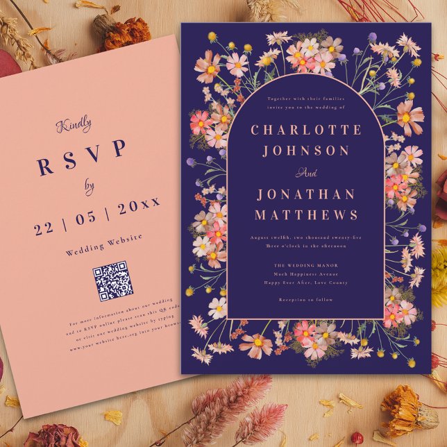 Elegant Floral Arch Navy Terracotta Fall Wedding Invitation (Wildflower arch elegant script navy blue peach burnt Orange terracotta fall wedding invitation )