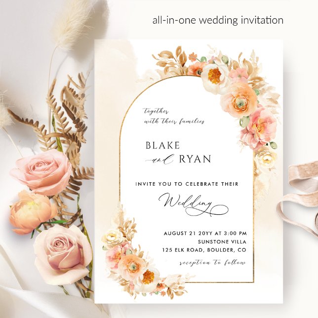 Elegant Floral Arch Peach Blush and Cream Wedding Invitation (Creator Uploaded)