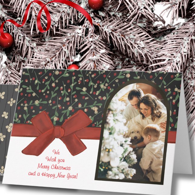 Elegant Floral Arch Photo Red Bow Christmas  Holiday Card (Elegant Floral Arch Photo Red Bow Christmas Holiday Card)