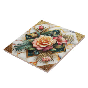 Elegant Floral Arrangement With Roses And Leaves Tile