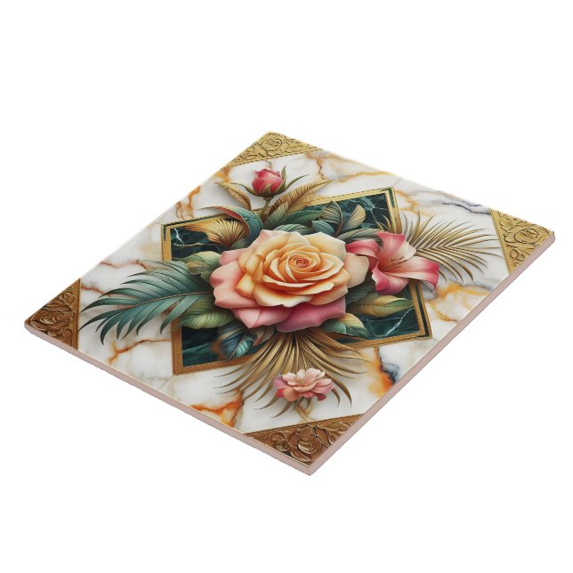 Elegant Floral Arrangement With Roses And Leaves Tile (Side)