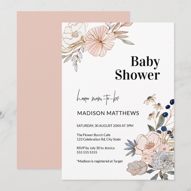 Elegant Floral Baby Shower Celebration Invitation (Front/Back)
