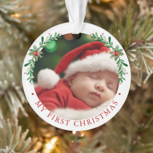 Elegant Floral Baby's First Christmas Photo  Ornament