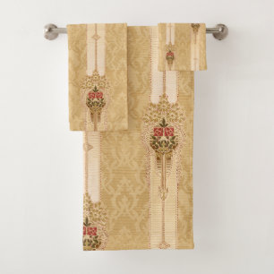 Elegant Floral Bands on Sculpted Gold Damask Bath Towel Set