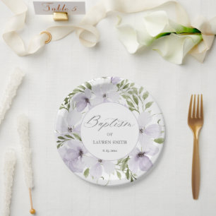Elegant Floral Baptism Christening Script Paper Plate