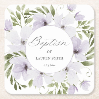 Elegant Floral Baptism Christening Script  Square Paper Coaster