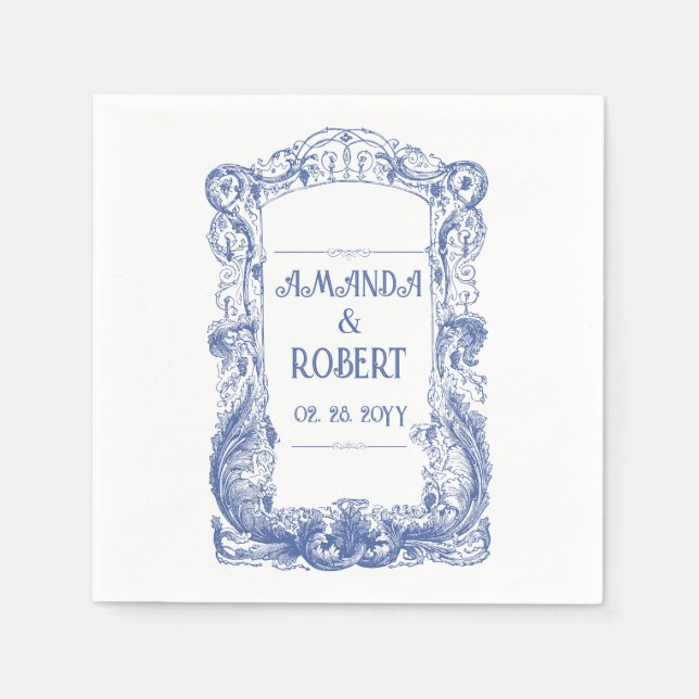 Elegant Floral Baroque Blue Column Wedding Napkin (Front)