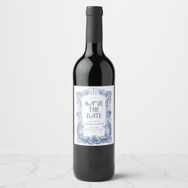 Elegant Floral Baroque Blue Column Wedding Wine Label (Front)