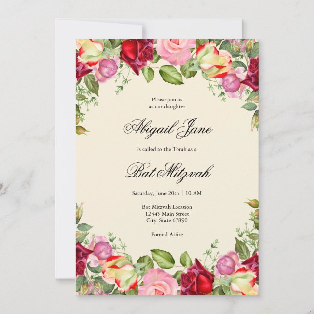 Elegant Floral Bat Mitzvah Invitation (Front)