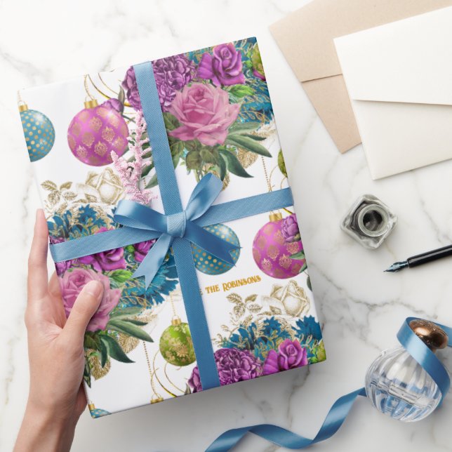 Elegant Floral Bauble Personalized Christmas Wrapping Paper (Gifting)