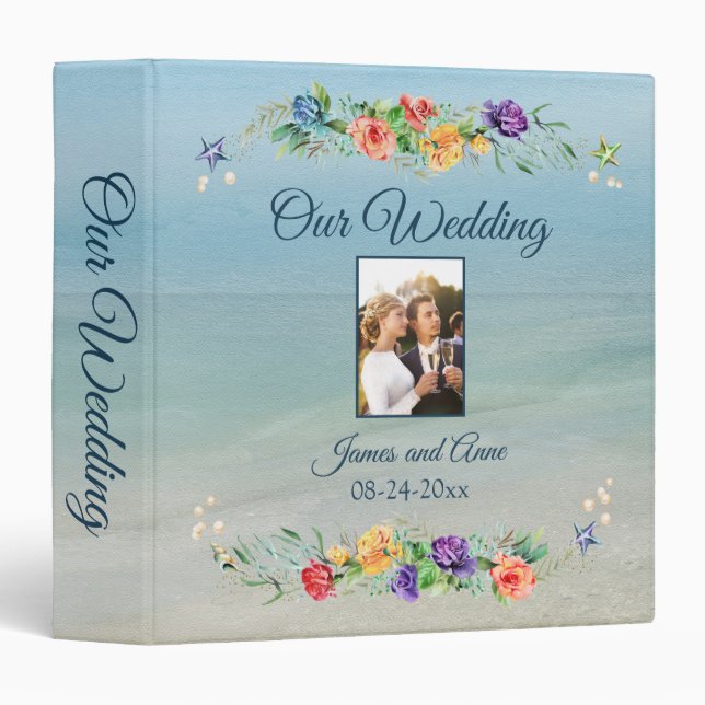 Elegant Floral Beach Ocean Wedding Binder (Front/Spine)