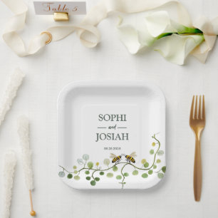 Elegant floral Bee love natural wedding Paper Plate