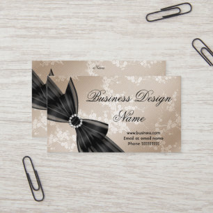 Elegant Floral Beige Blossom Black Diamond Bow Business Card