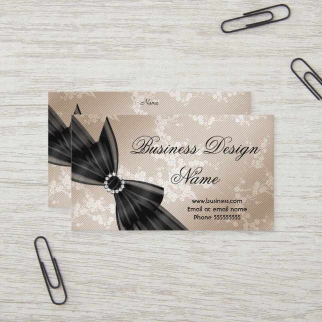 Elegant Floral Beige Blossom Black Diamond Bow Business Card (Front/Back In Situ)