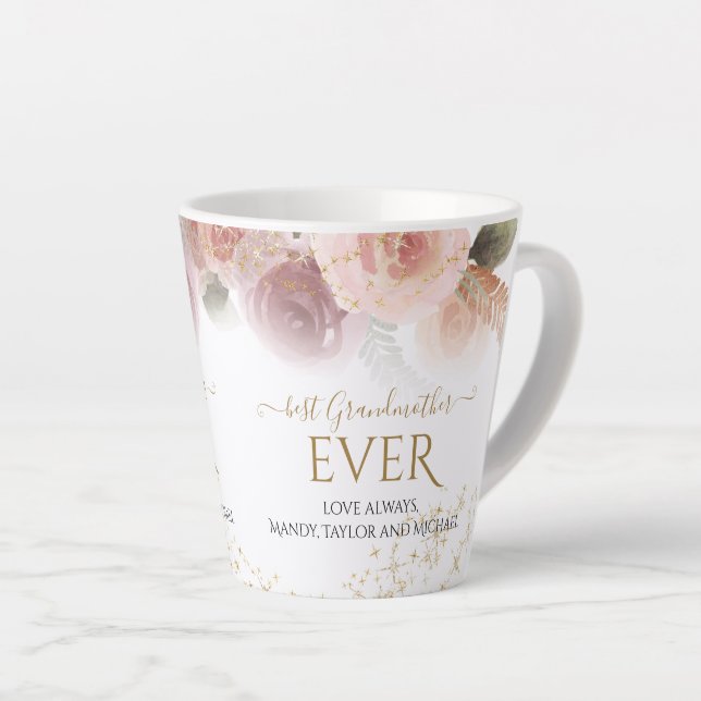 Elegant Floral Best Grandmother Ever Gold Glitter Latte Mug (Right Angle)
