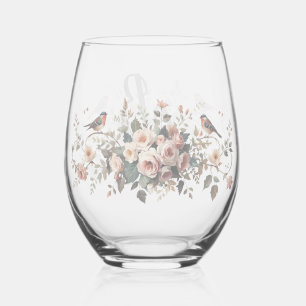 Elegant floral bird Monogram Script Name Bridal Sh Stemless Wine Glass