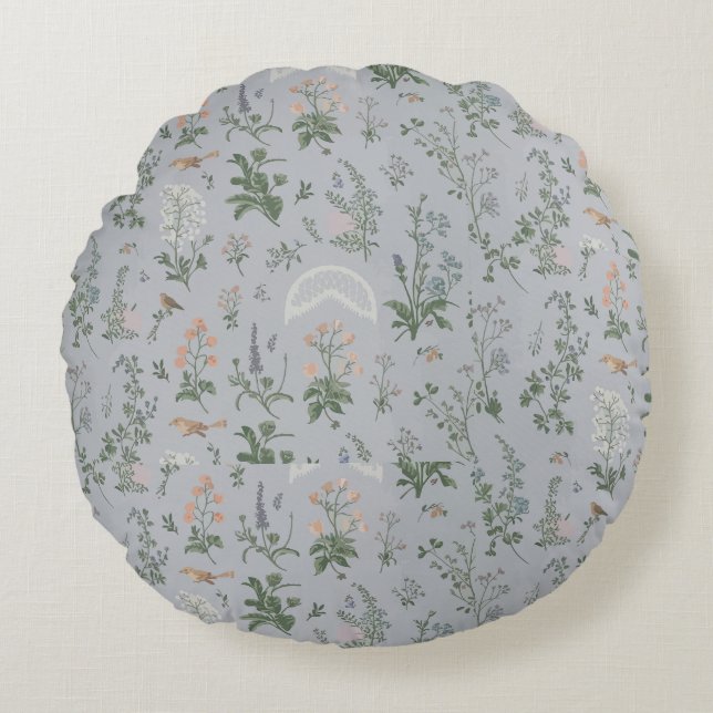 Elegant Floral Bird Pattern Round Pillow (Front)