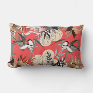 Elegant Floral, Birds Geometrics on Cherry Red Lumbar Pillow