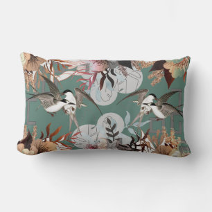 Elegant Floral, Birds Geometrics on Green/Teal Lumbar Pillow
