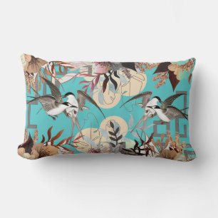Elegant Floral, Birds Geometrics on Turquoise Lumbar Pillow