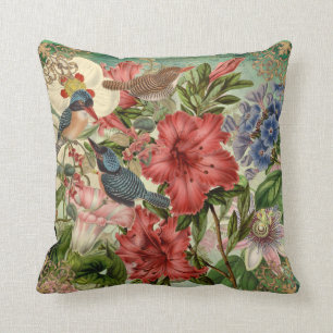 Elegant Floral, Birds, Ornate Trim Throw Pillow