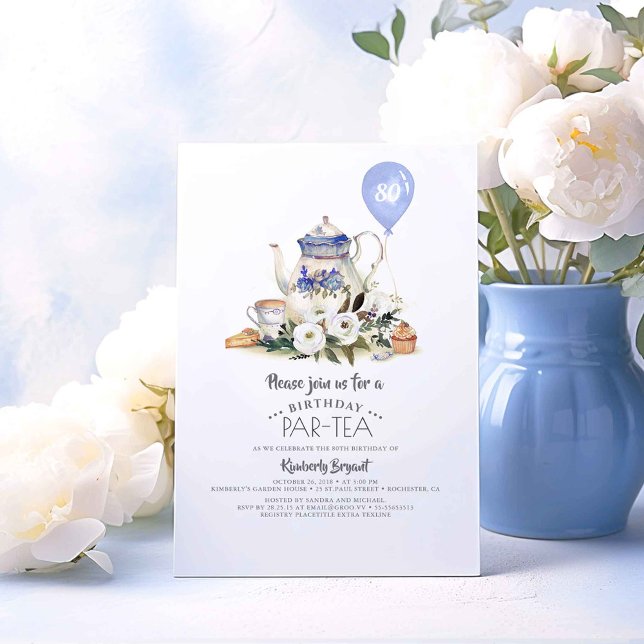Elegant Floral Birthday Par-tea Invitation (Dusty Blue Par-Tea Birthday Invitations)