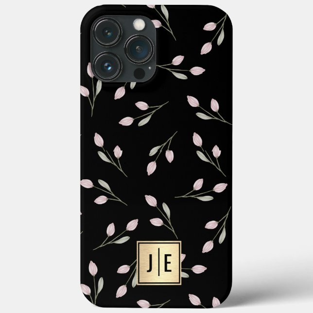 Elegant Floral Black and Gold Shiny Monogram Case-Mate iPhone Case (Back)