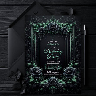 Elégant Floral Black and Green Party Invitation