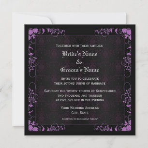 Elegant Floral Black and Purple Damask Wedding Invitation