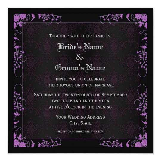 Elegant Floral Black and Purple Damask Wedding Invitation