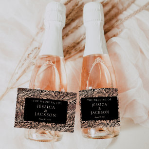Elegant Floral Black and Rose Gold Champagne Label