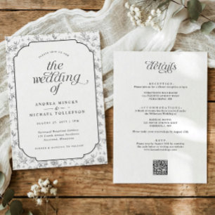 Elegant Floral Black and White All in One Wedding Invitation
