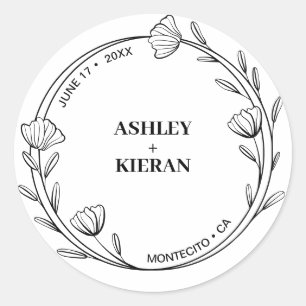Elegant Floral Black and White Classic Round Sticker