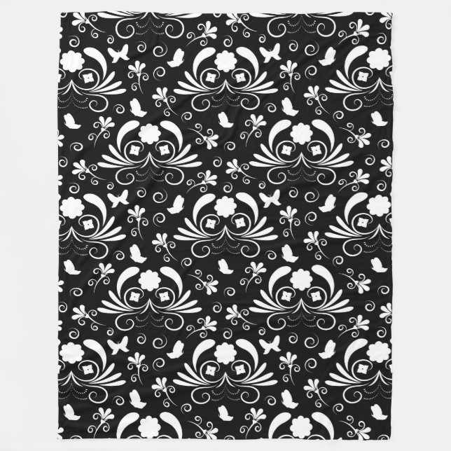 Elegant floral black and white fleece blanket (Front)