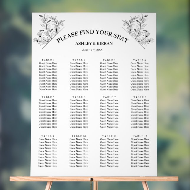Elegant Floral Black and White Seating Chart (Neutral)