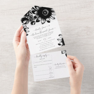 Elegant Floral Black and White Sunflower  All In One Invitation