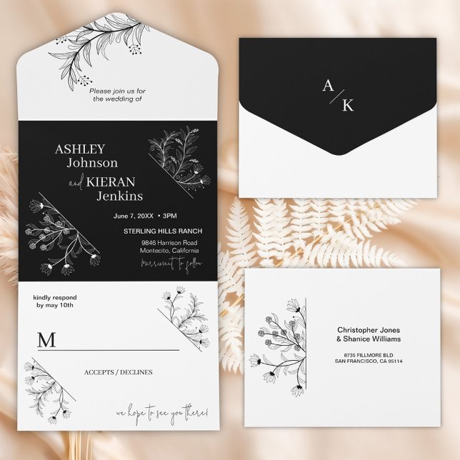 Elegant Floral Black and White Wedding All In One Invitation (Creator Uploaded)